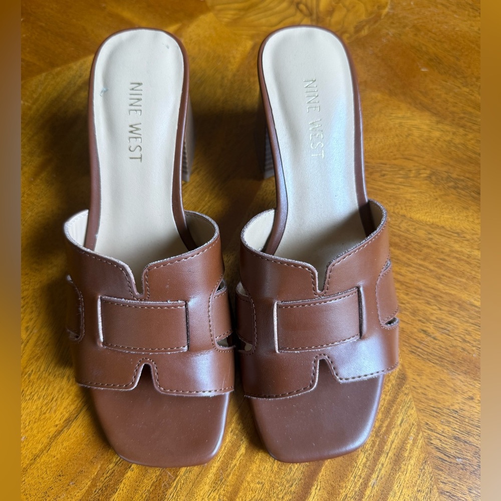 Nine West Kaelyn‎ Square Toe Slip-on Dress Sandals Brown Size 6